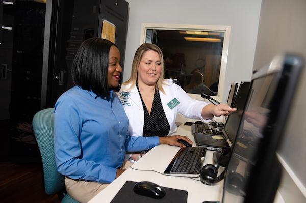 Two nursing professionals working at a computer.
